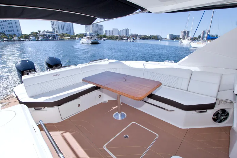 Slide: The Image of Luxurious 2021 Sea Ray SLX 400 Outboard yacht interior with waterfront view. - 21
