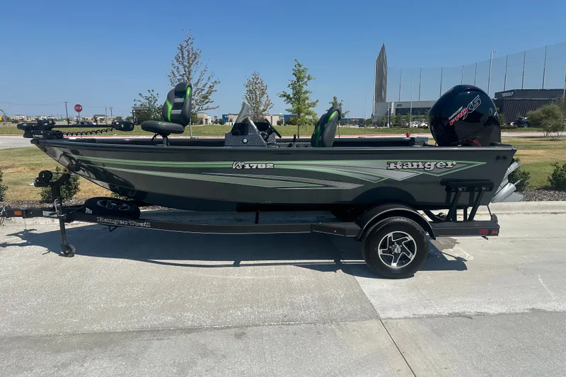 The Image of 2026 Ranger VS1782SC Angler boat on trailer, parked outdoors on a sunny day. - 2