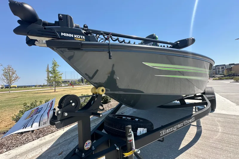 Slide: The Image of 2026 Ranger VS1782SC Angler boat on trailer, featuring Minn Kota Terrova motor. - 6