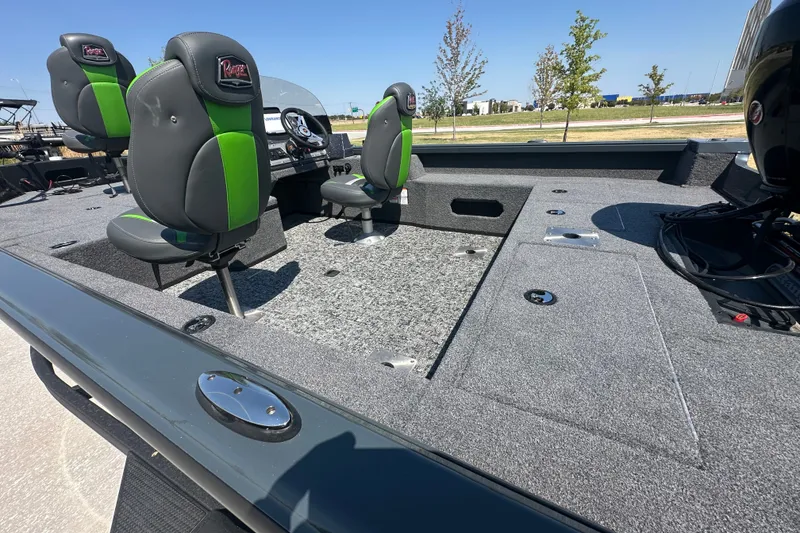Slide: The Image of 2026 Ranger VS1782SC Angler boat interior with green-accented seats and spacious deck. - 12