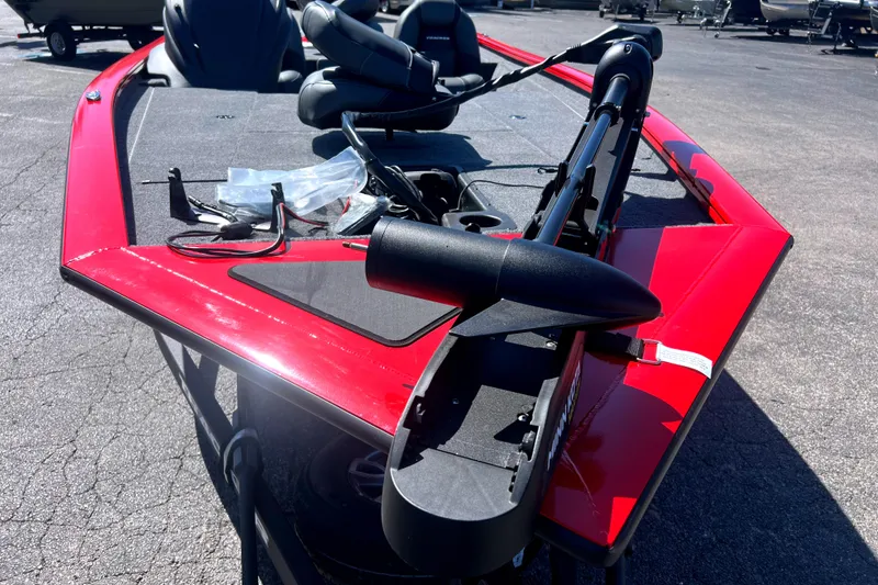 Slide: The Image of Red 2026 Tracker Pro Team 195 boat with trolling motor on display. - 5