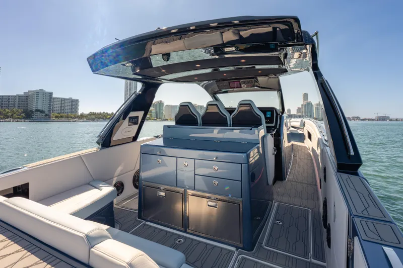 Slide: The Image of 2024 Cigarette 42' Auroris luxury boat interior with sleek design and modern amenities. - 19