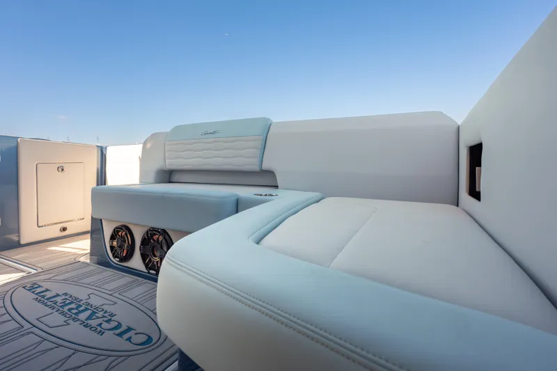 Slide: The Image of 2024 Cigarette 42' Auroris boat interior with luxurious seating and modern design. - 23