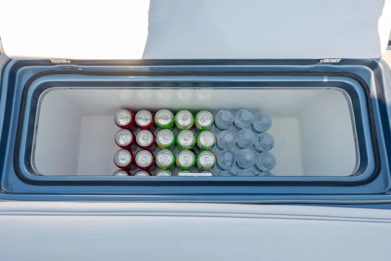 Slide: The Image of Cooler on 2024 Cigarette 42' Auroris with drinks and water bottles. - 25