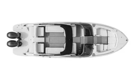 Slide: The Image of Aerial view of a 2021 Regal 29 OBX boat with twin outboard engines. - 33