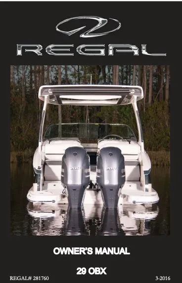 Slide: The Image of Regal 29 OBX 2021 owner's manual with twin outboard engines. - 34