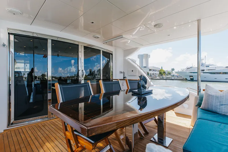 Slide: The Image of Luxurious deck of 2014 Hatteras 80 Motor Yacht Sky Lounge with elegant seating and waterfront view. - 10
