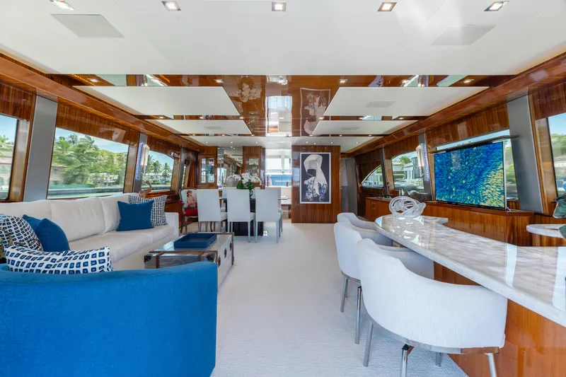 Slide: The Image of Luxurious interior of 2014 Hatteras 80 Motor Yacht Sky Lounge with elegant seating and decor. - 15