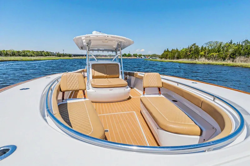 Slide: The Image of 2021 Valhalla Boatworks V-41 on water, featuring spacious seating and sleek design. - 9