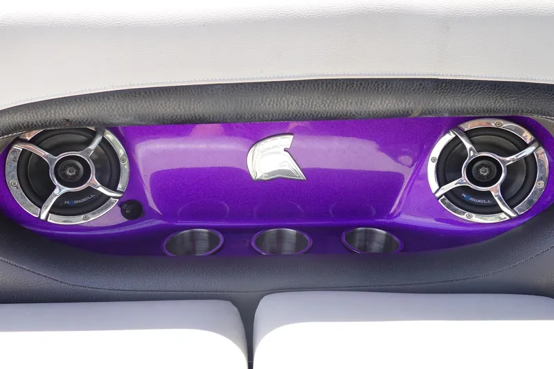 Slide: The Image of 2016 Centurion Enzo FS33 boat interior with purple panel, speakers, and cup holders. - 20