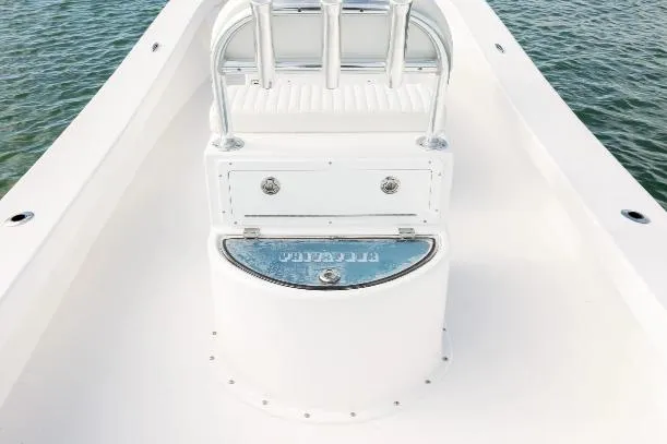 Slide: The Image of 2026 Privateer ROAMER II boat interior with sleek white design and chrome accents. - 7