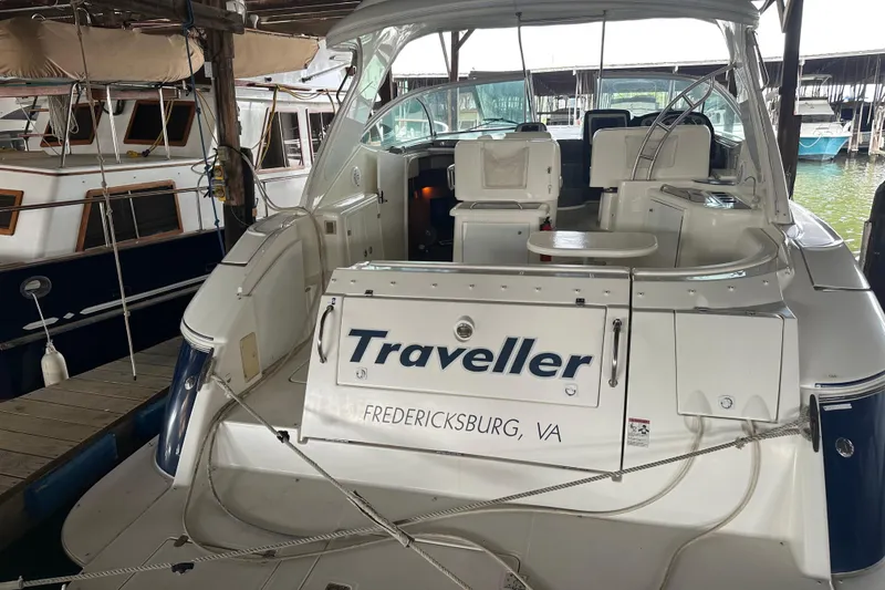 Slide: The Image of 2005 Cruisers Yachts 400 Express docked, named "Traveller," Fredericksburg, VA. - 6