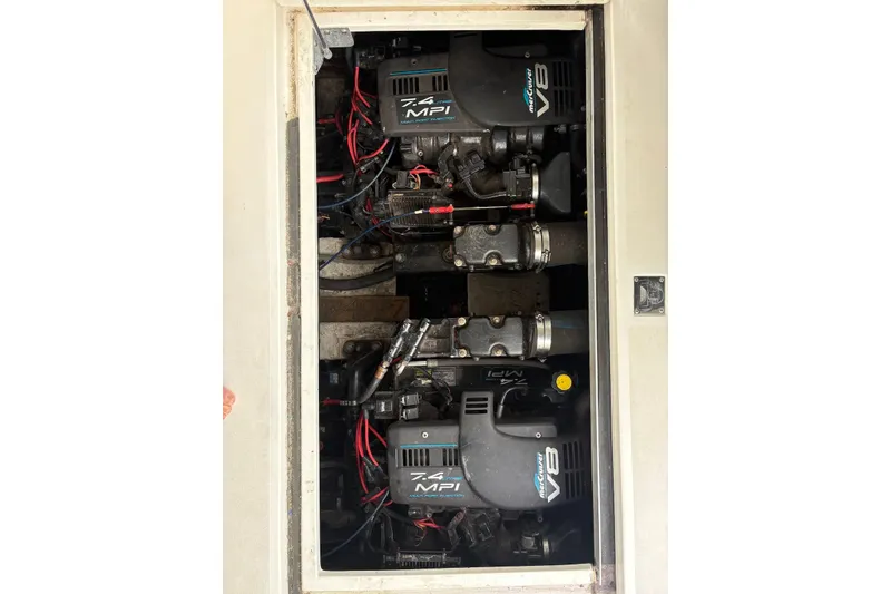 Slide: The Image of Engine compartment of a 1999 Cruisers Yachts 3375 Esprit with dual 7.4 MPI V8 engines. - 17