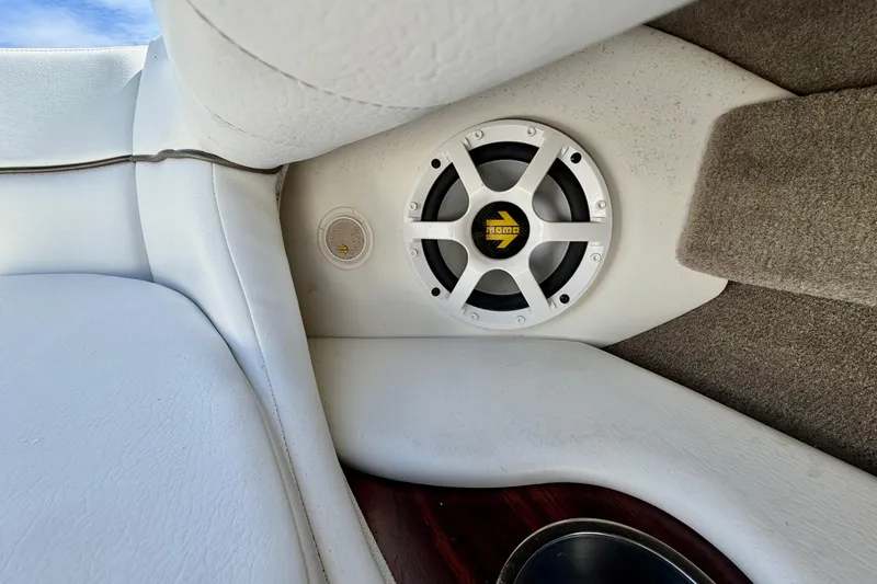 Slide: The Image of Speaker and upholstery detail on 2008 Sea Ray 300 SLX boat interior. - 25
