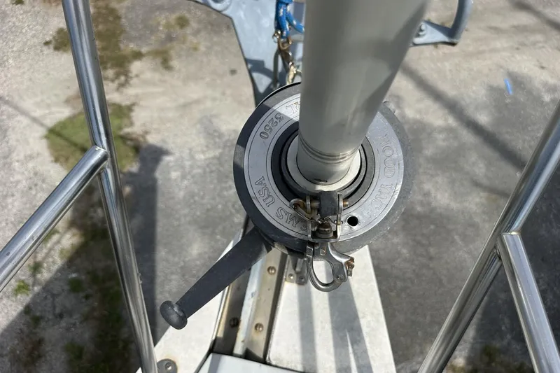 Slide: The Image of Close-up of a 1991 Catalina 42 sailboat's deck hardware and rigging components. - 107