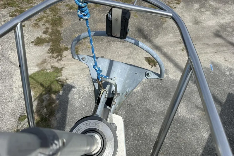 Slide: The Image of Bow view of a 1991 Catalina 42 sailboat with anchor and rigging details. - 108