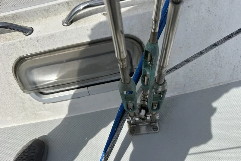 Slide: The Image of Close-up of Catalina 42 sailboat rigging and deck details, 1991 model. - 112