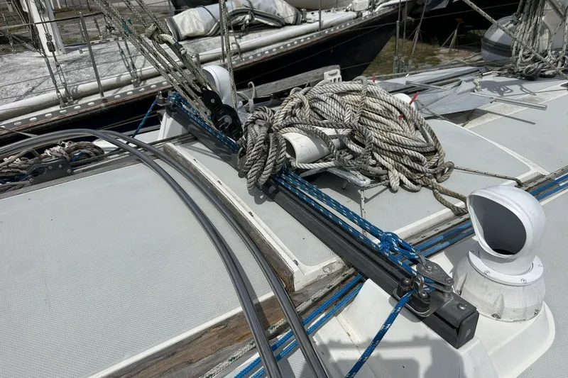 Slide: The Image of Deck of 1991 Catalina 42 sailboat with ropes and fittings. - 116
