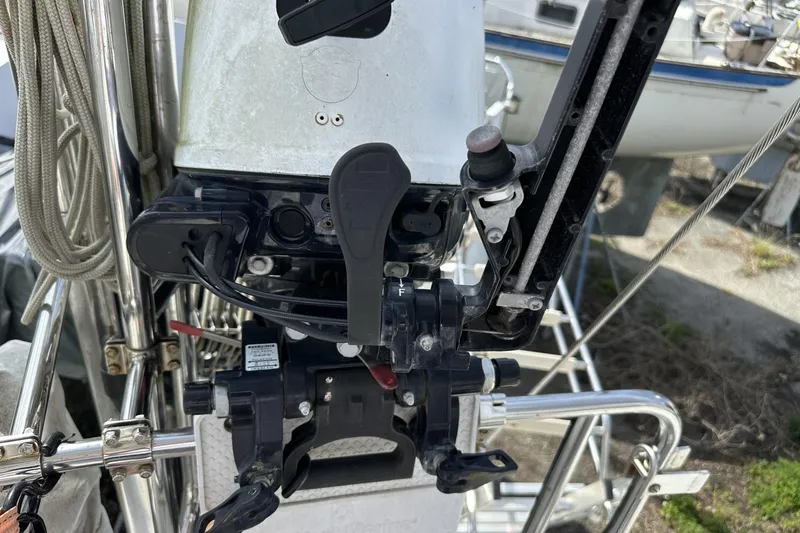 Slide: The Image of Close-up of a Catalina 42 sailboat's steering mechanism, showcasing detailed components. - 156