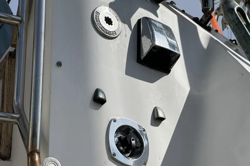 Slide: The Image of Close-up of a 1991 Catalina 42 sailboat's deck fittings and hardware. - 174