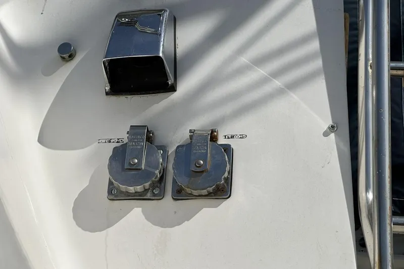 Slide: The Image of Close-up of a 1991 Catalina 42 yacht's deck fittings and chrome fixtures. - 175