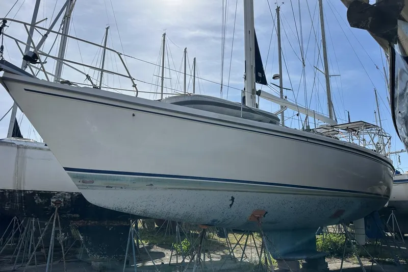 Slide: The Image of 1991 Catalina 42 sailboat on stands, surrounded by other boats in a marina. - 176