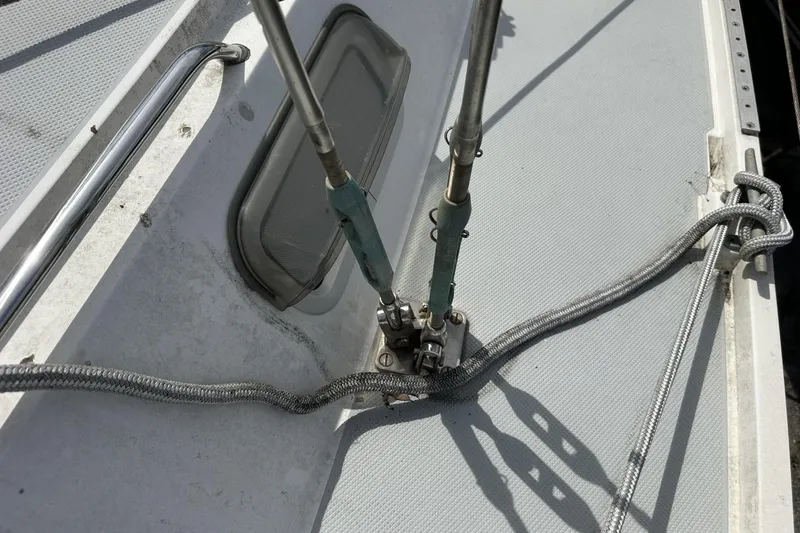 Slide: The Image of Deck of 1991 Catalina 42 sailboat showing rigging and hardware details. - 98