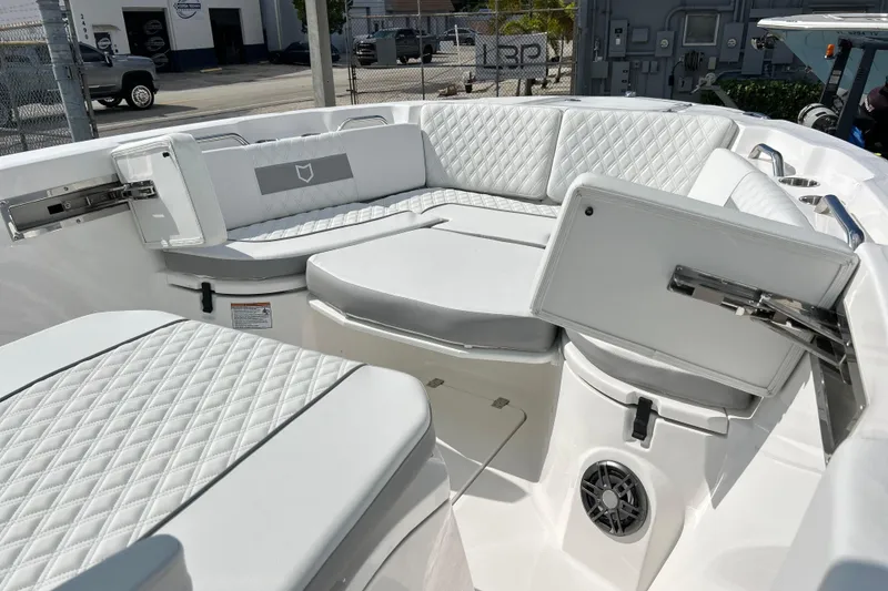 Slide: The Image of Luxurious seating area on the 2026 Sea Fox 268 Commander boat, featuring quilted upholstery. - 19