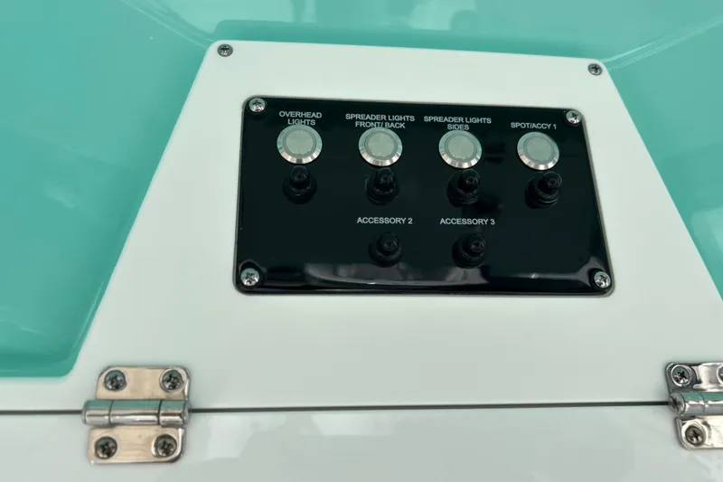 Slide: The Image of Control panel on 2026 Sea Fox 268 Commander boat with various light switches. - 21