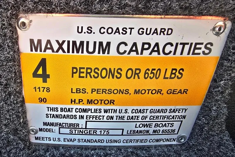 Slide: The Image of U.S. Coast Guard capacity label for Lowe Stinger 175, 2026 model, 4 persons or 650 lbs. - 10