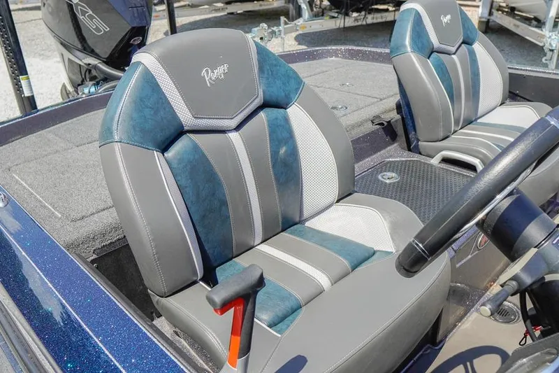 Slide: The Image of 2025 Ranger Z520 boat seats with blue and gray upholstery, showcasing modern design. - 10