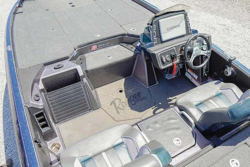 Slide: The Image of 2025 Ranger Z520 boat interior with Garmin navigation system and dual seating. - 13