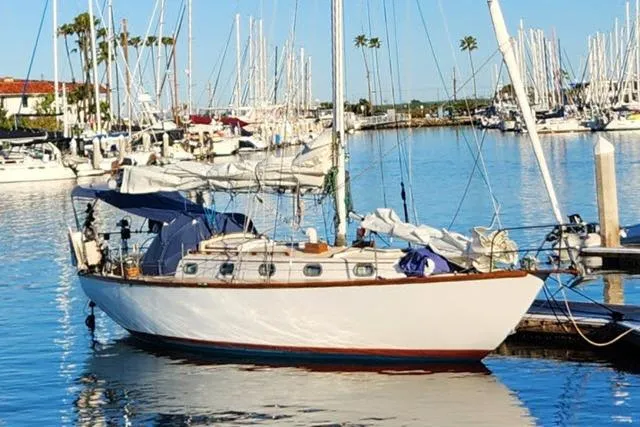 The Image of 1982 Cape Dory 36 sailboat docked in a marina with clear blue skies. - 1