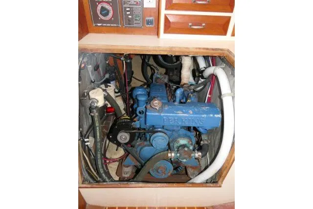 Slide: The Image of Engine compartment of a 1982 Cape Dory 36 sailboat with Perkins engine. - 48