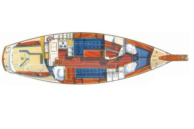 Slide: The Image of 1982 Cape Dory 36 sailboat interior layout with cabins, galley, and seating areas. - 51