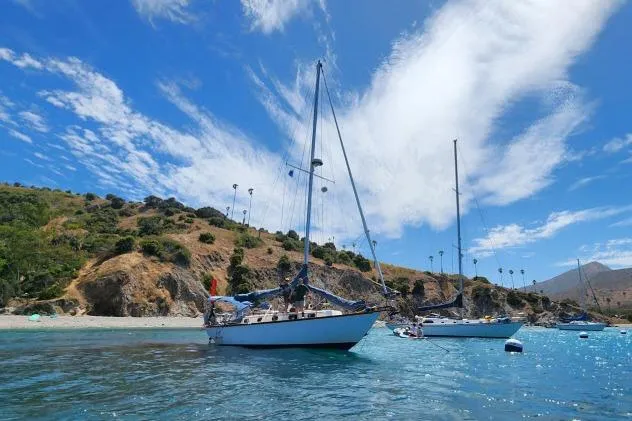 Slide: The Image of Sailboats anchored near a scenic coastline, featuring a 1982 Cape Dory 36. - 56