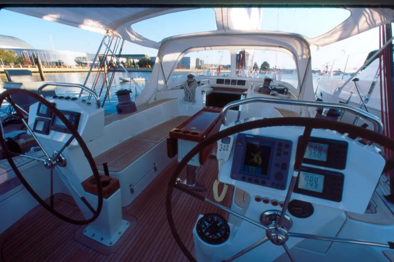 Slide: The Image of Cockpit of a 2001 Baltic 52 yacht with dual steering wheels and navigation instruments. - 6