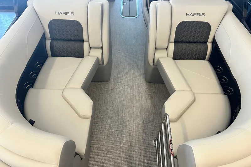 Slide: The Image of Luxurious seating on the 2026 Harris Solstice 230 CWDH pontoon boat, featuring elegant upholstery. - 6