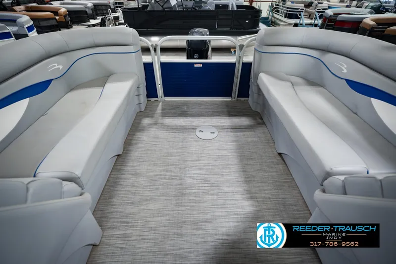 Slide: The Image of Interior of a 2021 Bennington 22 SVSR pontoon boat with gray seating. - 30