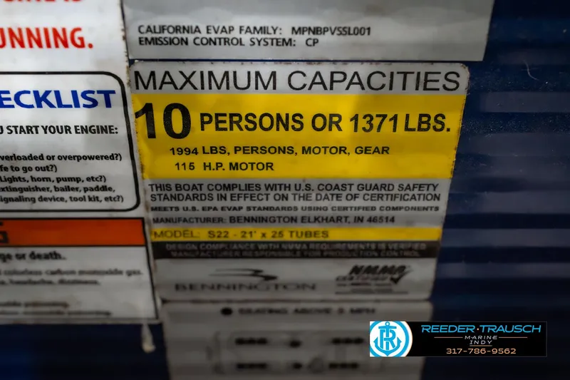 Slide: The Image of 2021 Bennington 22 SVSR capacity label, 10 persons or 1371 lbs, safety compliance. - 65