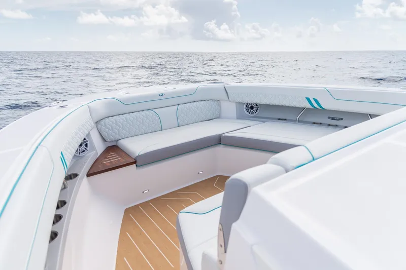 Slide: The Image of Luxurious seating on 2026 Regal 43 SAV yacht with ocean view. - 19