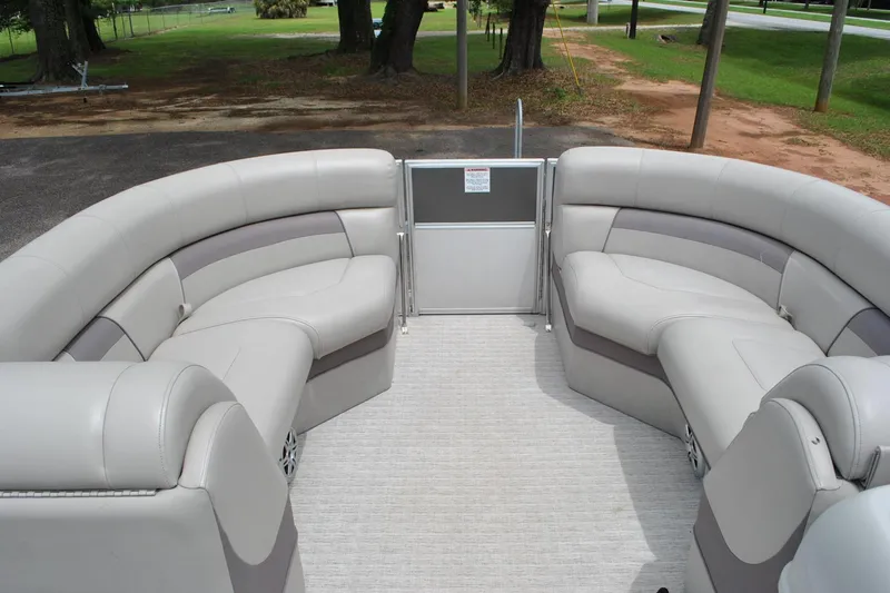 Slide: The Image of 2018 Trifecta 2.75 pontoon boat with spacious seating and modern design. - 13