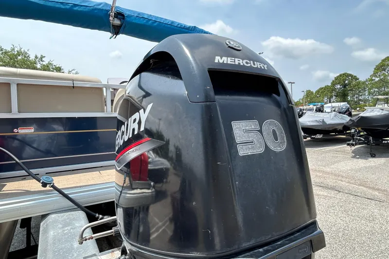 Slide: The Image of Mercury 50 horsepower outboard motor on a 2020 Sun Tracker Bass Buggy 16 DLX boat. - 9