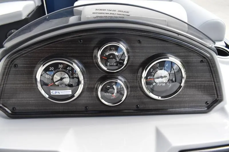 Slide: The Image of Dashboard of 2026 Lowe SS 230 WT Special boat with gauges for speed, fuel, trim, and RPM. - 33