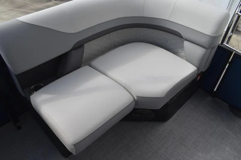 Slide: The Image of Luxurious seating on 2026 Lowe SS 230 WT Special boat, featuring plush gray upholstery. - 42