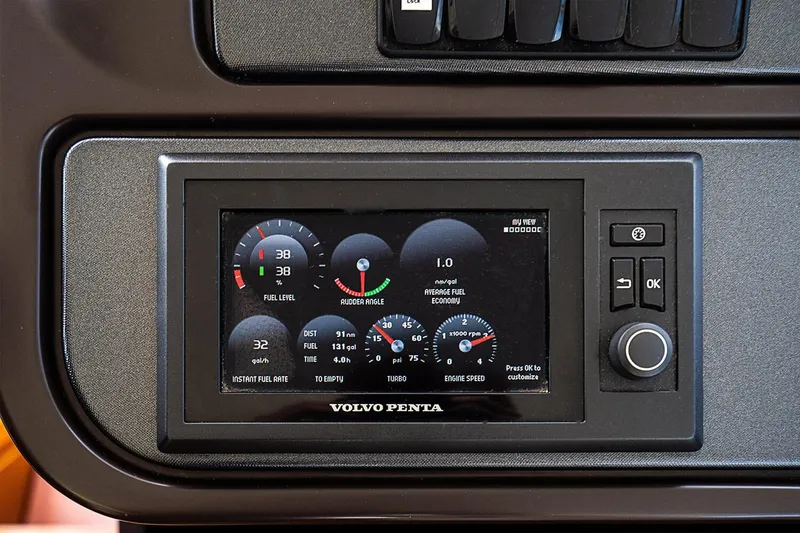Slide: The Image of Volvo Penta display on 2017 Beneteau Gran Turismo dashboard showing engine metrics. - 36