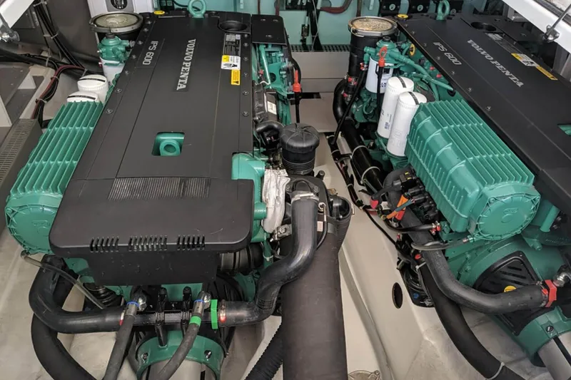 Slide: The Image of 2017 Beneteau Gran Turismo 49 engine room with Volvo Penta engines. - 46