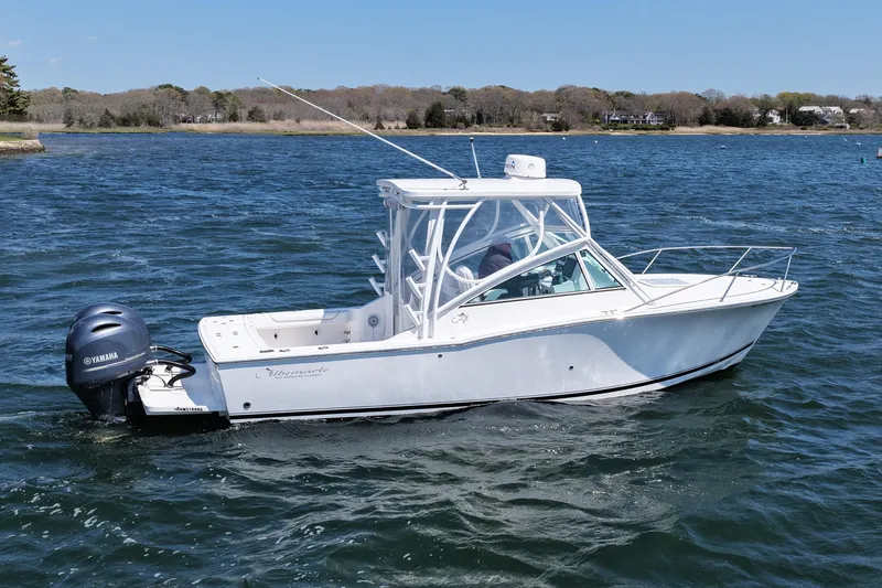 Slide: The Image of 2018 Albemarle 25 Express boat on water with Yamaha outboard motor. - 1