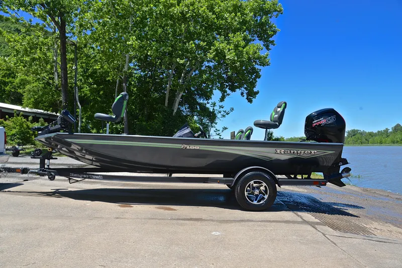 Slide: The Image of 2025 Ranger RT188 boat on trailer by a lake, surrounded by lush greenery. - 11