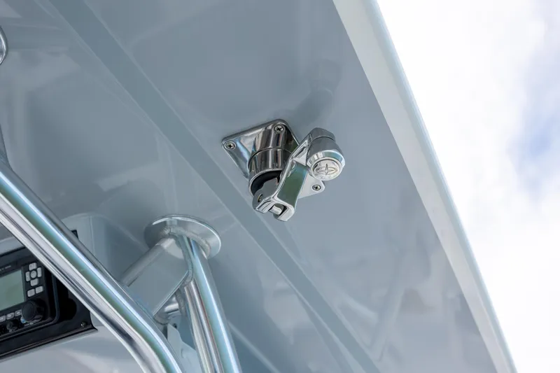 Slide: The Image of 2022 Valhalla Boatworks V-33, close-up of stainless steel hardware and structure. - 27